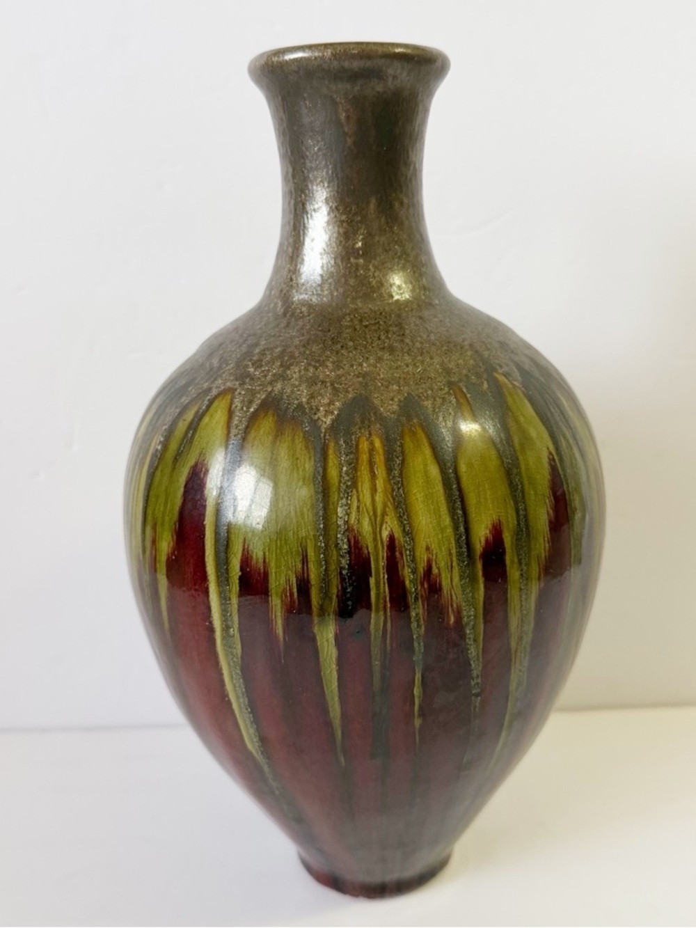 PIER 1 Flower Vase Large Moss Green Brown Drip Glaze Ceramic Glossy